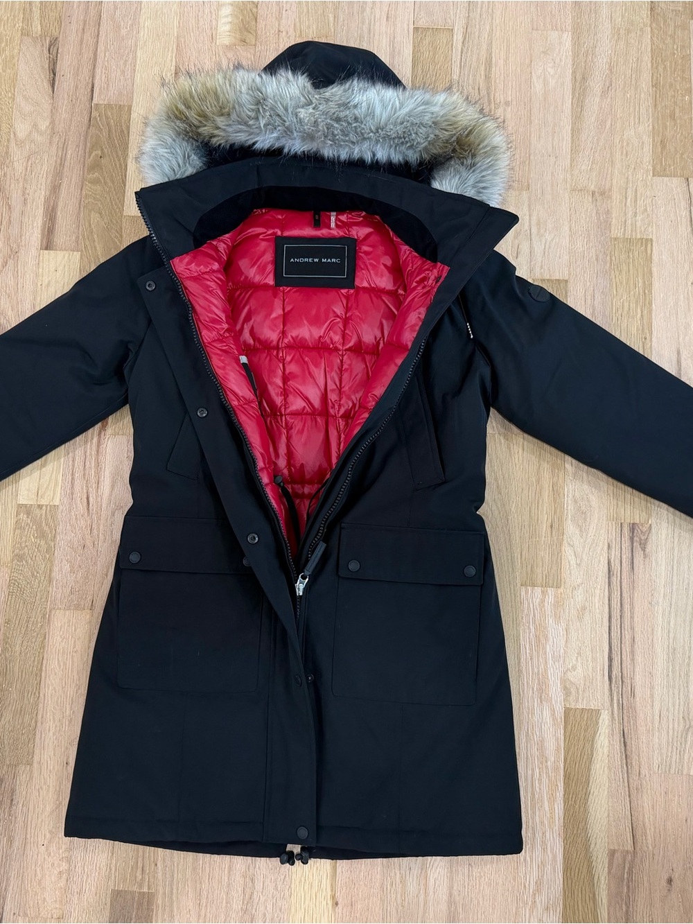 Andrew Marc Black Faux Fur Hood Insulated Winter Parka Coat Small